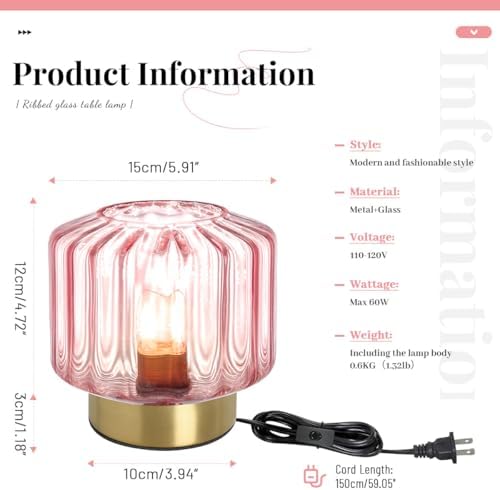 Small Touch Table Lamp for Bedside, Pink Glass Table Lamps with Gold Metal Base, Mid Century Modern Lamps Mini Table Lamp nightstand lamp Globe Desk lamp for Bedroom Living Room Office - Image 4