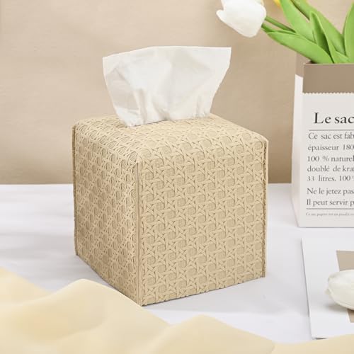 HOMOTEK 1 Pack Tissue Box Cover, Square PU Leather Tissue Holder, Decorative Facial Tissue Cube Paper Organizer Dispenser for Bathroom, Night Stands, Desk, Car 5X5X5'' - Rattan Weave, Beige by HOMOTEK