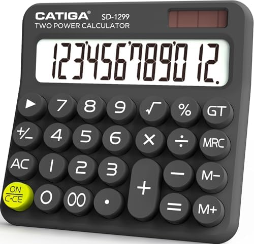 CATIGA Mechanical Switch Calculator with Solar and Battery Dual Power, 12-Digit Large LCD Display, Aesthetic and Cute Desktop Calculator with Big Button, for Home, School and Office Use, SD-1299 by CATIGA