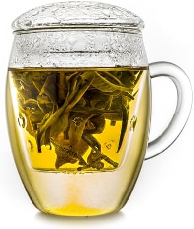 Creano Tea Glass with Infuser and Lid 400ml - Large Tea Cup - Microwave & Dishwasher Safe - Loose Leaf Tea Maker Gift Set by Creano