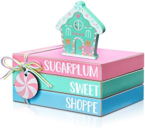 Yookeer 4 Pieces Pastel Christmas Gingerbread House Tiered Tray Decor Mini Wood Book Stacks Table Decorations Pastel Candy Wooden Book Table Sign for Christmas Home Room Mantle Fireplace Shelf by Yookeer