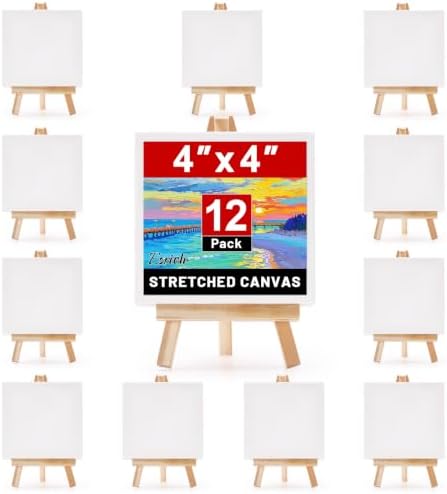 ESRICH 12 Pack Mini Canvas with Easel Set, 4x4” Small Canvases for Painting by ESRICH