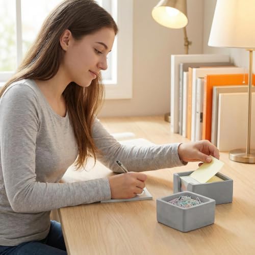 Concrete Desk Organizer Set of 2 - Minimalist Sticky Note Holder & Paper Clip Dispenser - Heavy Duty Office Desk Accessories with Non-Slip Base for Home Workspace Organizer & Desk Decor, Gray - Image 2