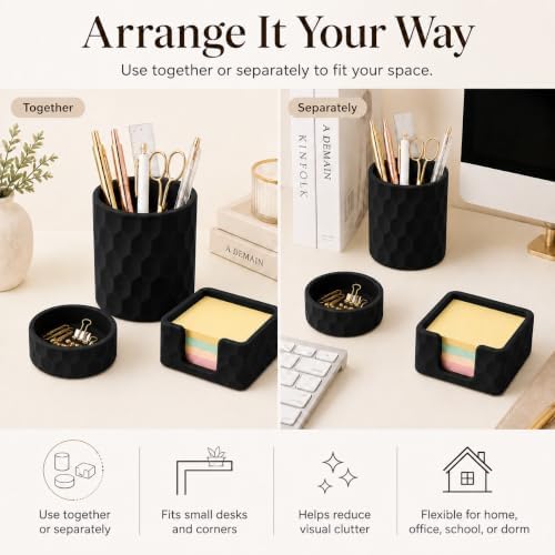 Aesthetic Geometric Silicone Desk Organizer Set of 3,Modern Office Desk Accessories with Round Pen Holder,Paperclip Tray,Sticky Note Holder,Stylish Functional Desk Decor for Home Office(Black) - Image 3