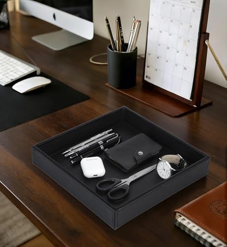 HofferRuffer Faux Leather Vanity Tray, Elegant Desktop Storage Organizer, Decorative Catchall for Perfume, Bathroom Valet, Nightstand or Dresser, 10" x 10" x 1.8" (Black) - Image 6