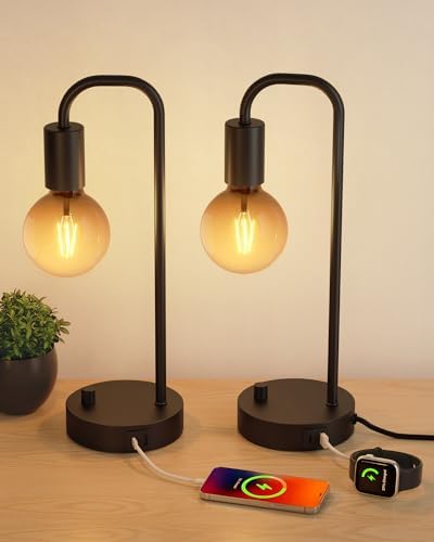 ONEWISH Industrial Table Lamp Set of 2 with USB C&A Charging Port, Stepless Dimmable Nightstand Bedside Lamps for Bedroom,Desk Lamps with 2700K Black Gradient Bulb for Reading Living Room,Office by onewish