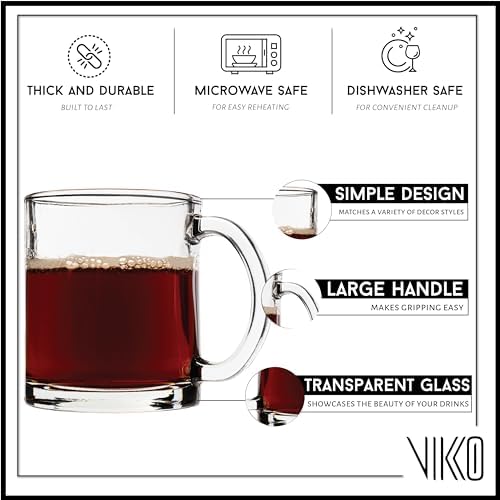 Vikko Glass Coffee Mug Set of 6, 10.75 Ounce Clear Mugs, Microwave and Dishwasher Safe - Image 3
