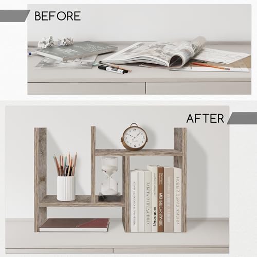 Jerry & Maggie Desktop Organizer Office Storage Rack Adjustable Wood Display Shelf Free Style Double H, Multi-Functional Mini Bookshelf for Desk Natural Stand (Gray Oak) - Image 3