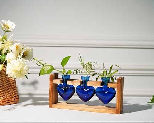 Kingbuy 3-Heart Plant Terrarium Kit with Vintage Wood Stand - Stained Glass Vase Propagation Station, Wall-Mounted & Tabletop Indoor Decor for Home Kitchen Wedding Gift, Blue - Image 4