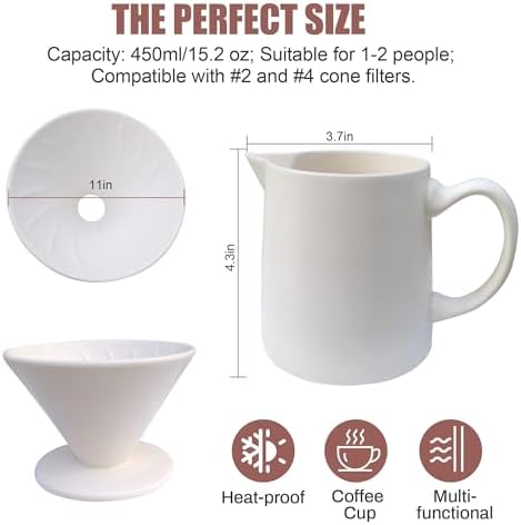 Ceramic Pour Over Coffee Maker Dripper - Uses Standard #2 & #4 Paper Filters, 450ml/15oz, White, Barista Style for Home & Office - Image 2