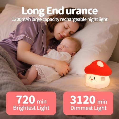 Rytinazzz Silicone Night Light for Kids, 50H Long Battery Mushroom Lamp, RGB Color Changing Mood Light, Gift for Kids, Rechargeable Tap Control, Dimmable Bedside Light - Image 3