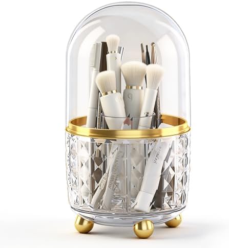 GOTOBA 360° Rotating Pencil Holder for Desk, Makeup Brush Holder with 6 Slots, Desk Organizer for Writing Utensil, Office and School Supplies (Clear with cover) by GOTOBA