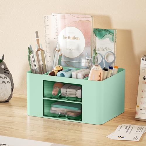 Marbrasse Pen Organizer with 2 Drawer, Multi-Functional Pencil Holder for Desk, Desk Organizers and Accessories with 5 Compartments + Drawer for Office Art Supplies (Green) - Image 2