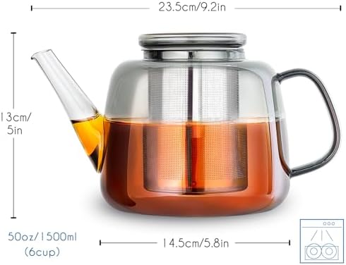 Easyworkz Borosilicate Glass Teapot 50oz with Large Stainless Steel Removable Loose Tea Infuser for Fruit Herbal and Infusion, Smoke Grey - Image 2