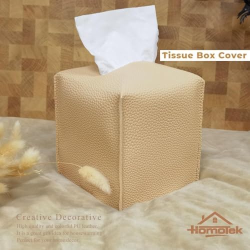 HOMOTEK 1 Pack Tissue Box Cover, Square PU Leather Tissue Holder, Decorative Facial Tissue Cube Paper Organizer Dispenser for Bathroom, Night Stands, Desk, Car 5X5X5'' - Beige, Pebble Grain - Image 4