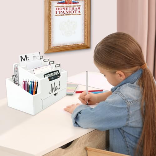 Wood Desk Organizer, Mail Organizer Countertop with 2 Pen Holders - Image 2