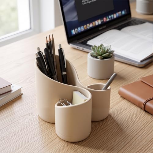 Aesthetic Desk Organizer Boho Pen Holder Modern Pencil Holder Beige Plastic Makeup Brush Organizer for Office Desk Accessories Stylish Home Office Art Decor Supplies (3 Slots) - Image 6