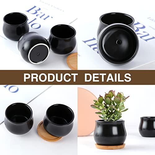 SHECIPIN 8 Pack Succulent Plant Pot, Matte Black Mini 2.6 inch Ceramic Flower Planter Pot with Bamboo Tray, Small Pots for Plants, Plants Not Included - Image 4