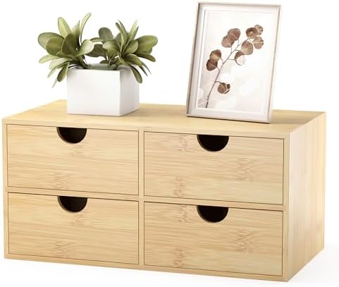 Bamboo Desk Organizer with Drawers, Desktop Storage Box for Office Supplies by WisuceHome