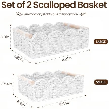 iEGrow Paper Rope Small Storage Baskets for Organizing, Set of 2 Scalloped Edge Wicker Basket with Wooden Handles Toilet Paper Basket for Over Toilet Storage Shelf, Home Decor, Living Room (White) - Image 2