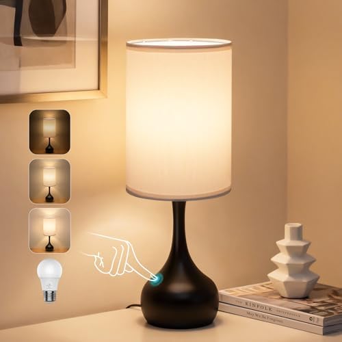 ONEWISH Touch Bedside Lamp for Bedroom, 3-Way Dimmable Table Lamps for Nightstand, White Fabric Shade Desk Lamp for Kids Reading, Living Room, Home Office by onewish