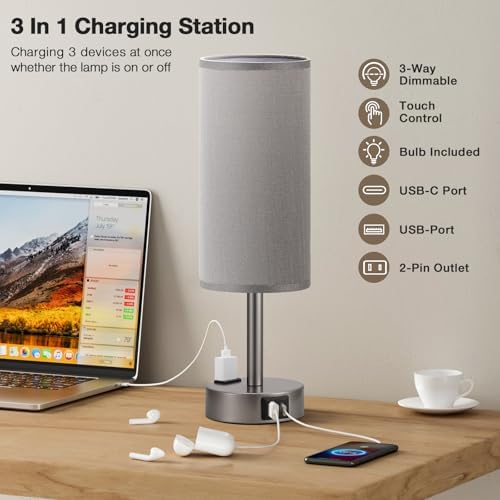 Fenmzee Grey Bedside Lamp for Bedroom, Dimmable Touch, USB A+C, AC Outlet - Image 2