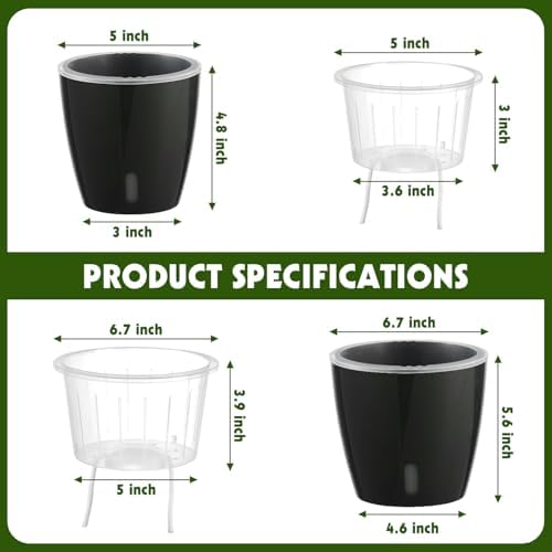 Self-Watering Pots for Indoor Plants, 6-Pack 6.7'' Self Watering Planter with Drainage Holes, Small African Violet Pots with Water Indicator, Clear Wick Pot, Black - Image 4