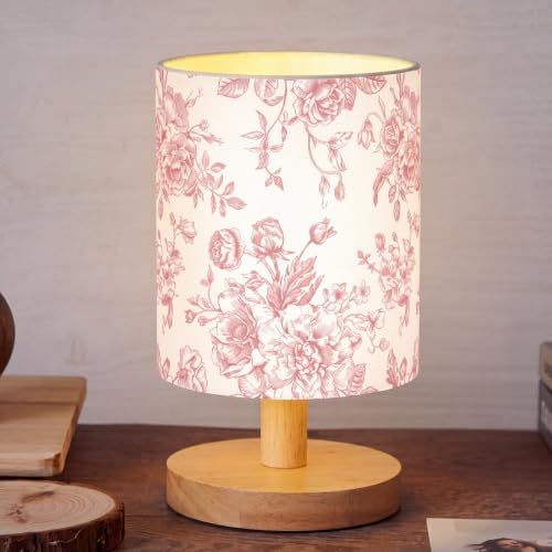 VIHOSE Pink Floral Kids Table Lamp for Bedroom Kids Bedside Lamp with Linen Wooden Nightstand Cartoon Nursery Lampshade for Girls Boys Living Room by VIHOSE