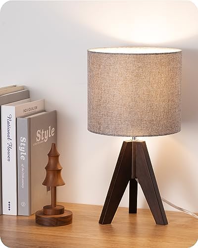 EDISHINE Boho Small Table Lamp, Wood Lamp, Grey Linen Lampshade,14.2 Inch by EDISHINE