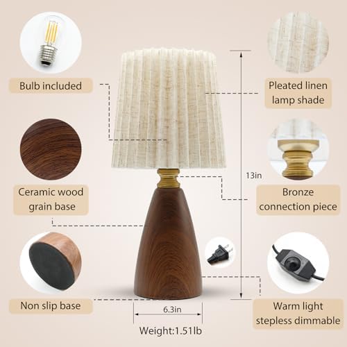 Small Pleated Table Lamp Set of 2 for Bedroom, Mini Bedside Lamps for Nightstand with Round Fabric Linen Shade, Dimmable Desk Lamp, Cute Table Lamps for Small Spaces for Living Room, Kids Room - Image 2