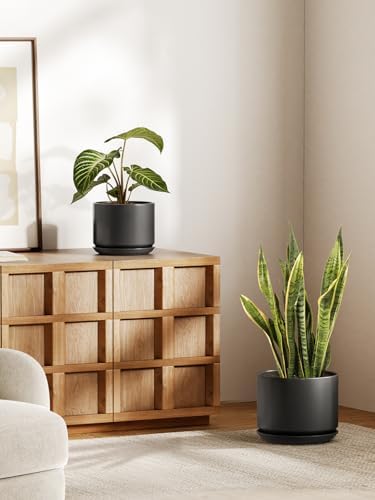 LE TAUCI Ceramic Plant Pots, Set of 2, 8+10 Inch Plant Pots Indoor with Drainage Hole & Saucer, Sturdy Planters for Indoor Plants, Modern Minimalist Decor for Snake Plant, Monstera, Black - Image 2