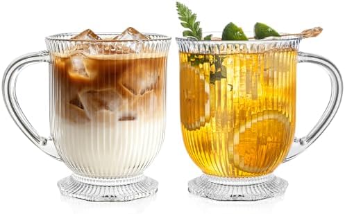 KEMORELA 16oz Ribbed Glass Coffee Mugs Set,Large Glass Mugs with Handle by KEMORELA