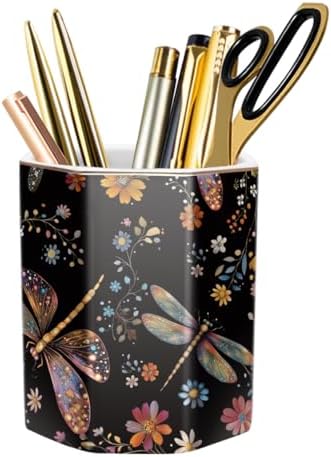 Pen Holder, Pencil Cup for Desk, Cute Desk Organizer, Durable Ceramic Decorative Makeup Brush Desktop Accessories, Stylish Stationery for Office, Home, Cute Dragonfly Pattern by WAVEYU