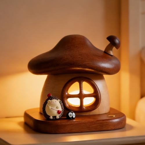 LONRISWAY Cordless Wood Mushroom Lamp, Small Battery Operated Wooden Table Lamp Portable Night Light, 3-Color Touch Control Wireless Stepless Dimming for Bedroom Nightstand for Birthday Gifts by LONRISWAY