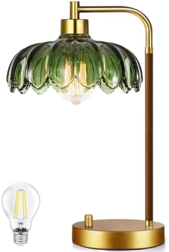 ILLMTW Vintage Table Lamp for Bedroom Living Room,Small Bedside Lamps Dimmable Bedroom Lamp with Glass Green Flower LampShade,Mid Century Modern Mini Nightstand Lamp Gold Boho Side Table Lamp by IlluminateTheWorld