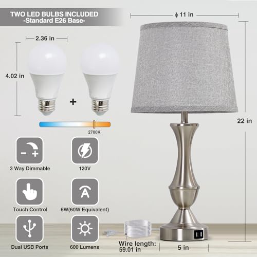 Touch Table Lamps Set of 2, 22" Tall Bedside Lamps, Nightstand Lamps - Image 5