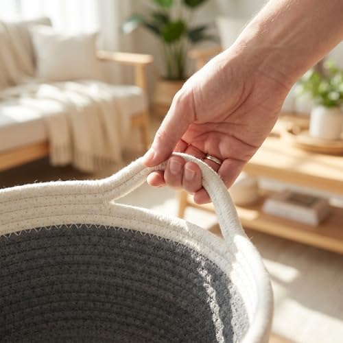 Small Cotton Rope Basket - White Woven Storage Basket with Handles, Desktop Organizer for Keys, Remotes, Makeup, Soft Decorative Bin for Bathroom, Office Shelf (White/Dark Gray) - Image 5