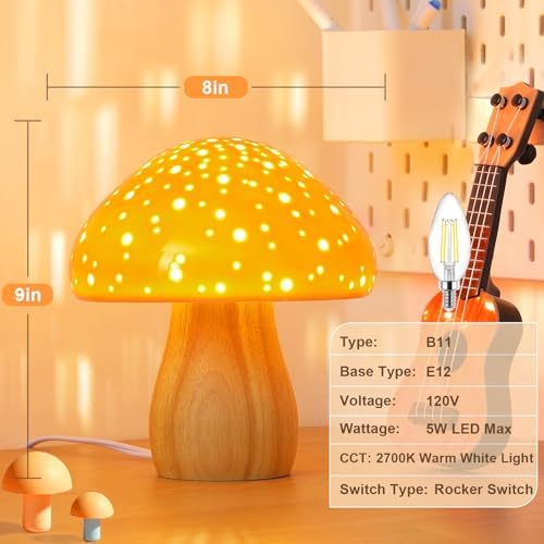 BOHON Mushroom Lamp Ceramic Bedside Table Lamp for Bedroom Orange - Image 2