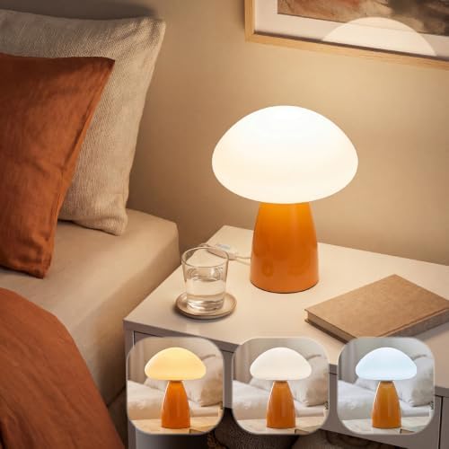 Mushroom Lamp, 3 Color Modes Stepless Dimmable Table Lamp, Retro Ceramic Base Bedside Lamp, Decorative Lamp for Bedroom, Nursery, Nightstand (Orange) by Myrauv