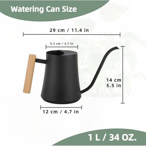 Indoor Watering Can with Long Spout, 34oz Capacity, Black Metal with Wood Handle (Black-W1) - Image 2