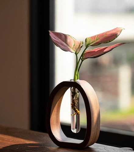 Solid Wood Hydroponic Vase with Glass Tube, Handmade Wooden Plant Propagation Station, Minimalist Desktop Water Planter for Home and Office Décor - Image 5