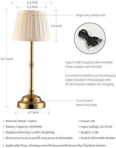 KDG Gold Cordless LED Table Lamps Set of 2, Beige Fabric Shade Desk Lamps - Image 5