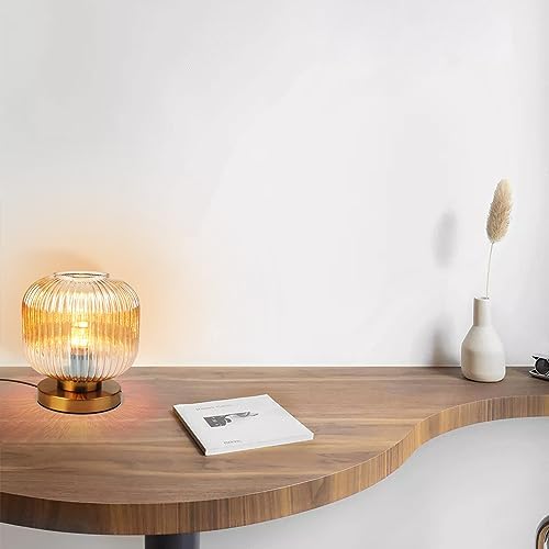 Mid Century Side Table Lamps Gold Desk lamp Amber Glass Small Table lamp Bedside nightstand lamp Globe Table lamp for Bedroom Living Room Office end Table - Image 4
