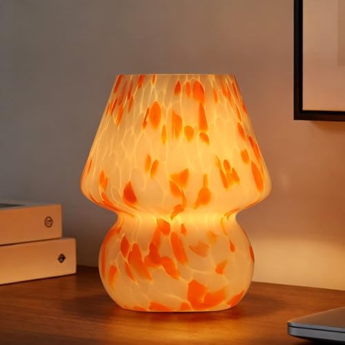 Mushroom Lamp Set of 2, Small Glass Table Lamp, Bedside Nightstand Lamp, Cute Desk Lamp for Bedroom, Dorm, Living Room & Kitchen, Classic Vintage Home Decor Lamp (2, Orange&White) - Image 2