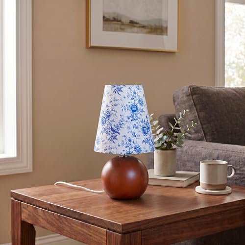 Vintage Wooden Night Lamp, Wood Base Fabric Lampshade, Adjustable Light Color and Brightness with Power-Off Memory, Safe USB Powered, Retro LED Table Light for Bedroom Living Room Office (BlueFlowers) - Image 4