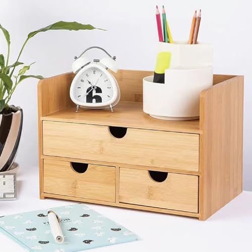 3 Drawer Bamboo Desk Organizer with Shelf – Makeup Storage & Tabletop Organizer for Home Office, Workspace, or Bathroom – No Assembly Required - Image 5