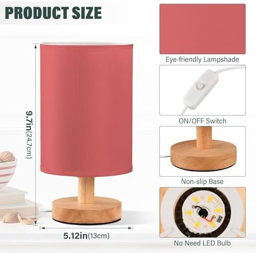 DOMIKING Light Red Pattern Bedside Table Lamp for Bedroom Small Lamps for Nightstand Lamp with USB Ports Desk Lamps for Living Room Nursery Dorm Office Party - Image 3