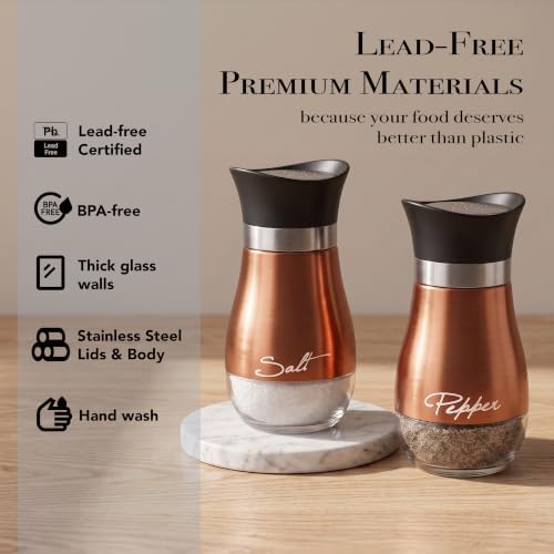 Circleware Cafe Contempo Elegant Glass Salt and Pepper Shakers Dispenser, Clear Bottom Jar Bottle Container with Stainless Steel Top, Perfect for Himalayan Seasoning Herbs Spices, 4.4 oz, Copper - Image 5