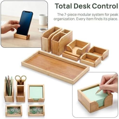 Cididu Bamboo Vanity Tray, 7 Pieces Adjustable Pen Holder Stationery Caddy - Image 3