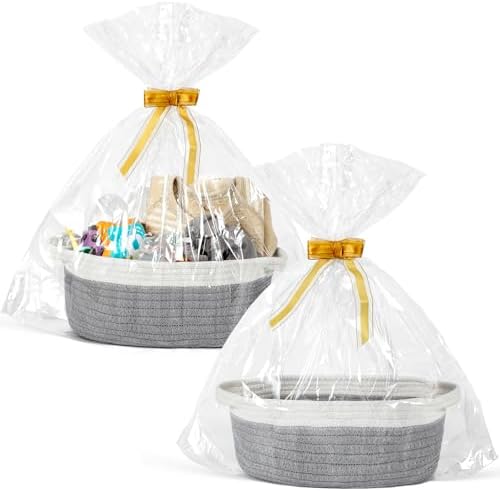 2 Pack Small Woven Basket with Gift Bags and Ribbons, Empty Decorative Gift Chest Box, Cute Baby Gift Basket for Nursery, Cotton Rope Room Shelf Storage Basket with Handles, All 12"x 8"x 5", Gray by MakeLifeBetterEasier